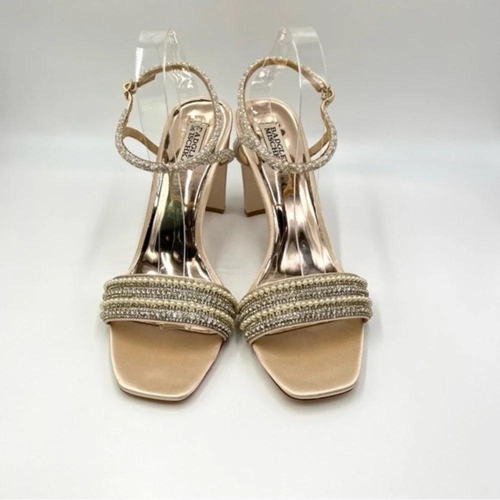 Badgley Mischka Size 11 Kari‎ Soft Nude Satin Jeweled Block Open Toe Heels Shoes